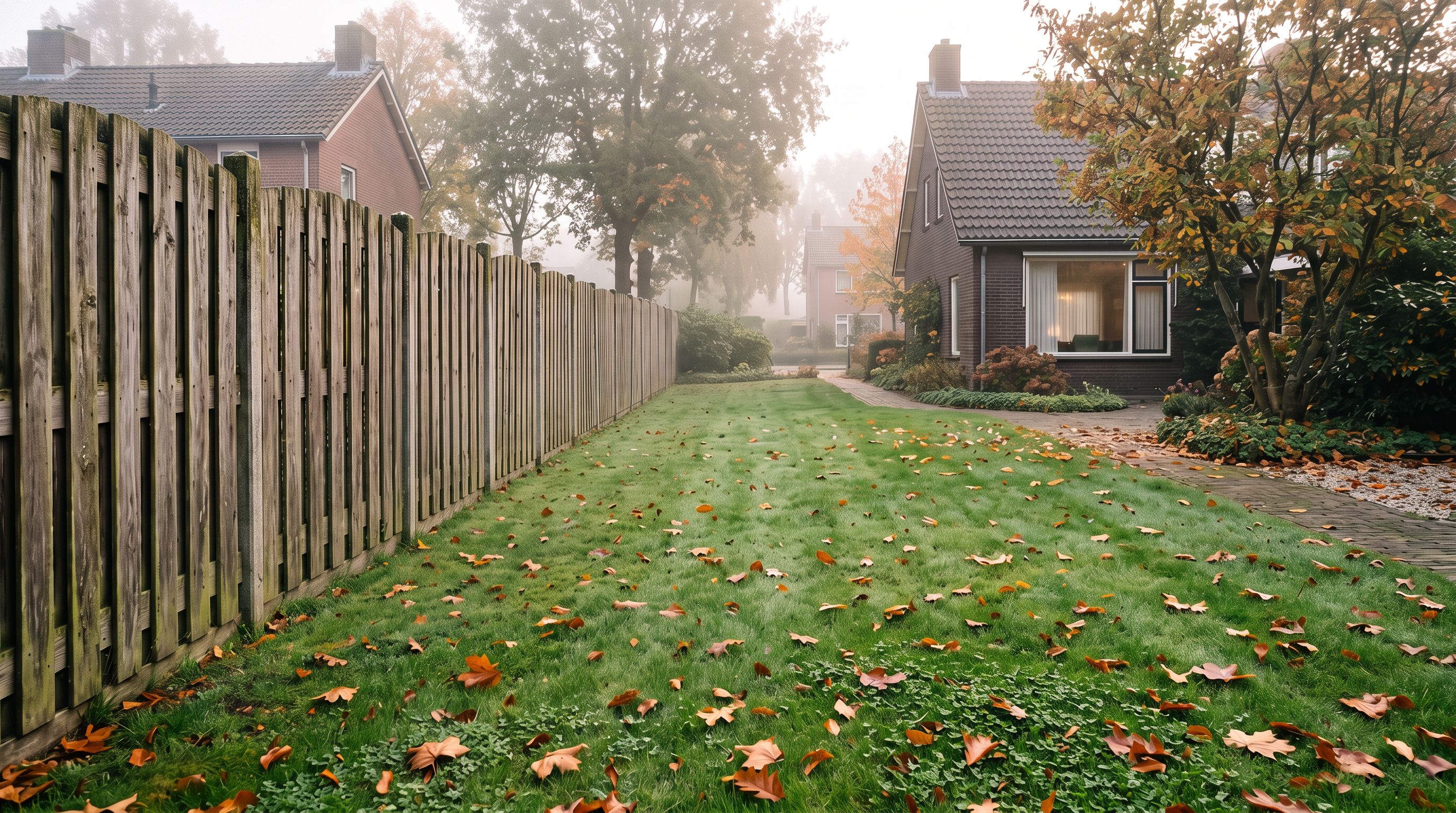 Een stille achtertuin in de vroege ochtend: langs de linkerrand een hoge verweerde houten schutting, een gazon met verspreid gevallen herfstblad en dauw, en bakstenen huizen in de ochtendmist rechts. Zacht mistig licht; geen mens of apparaat in beeld.