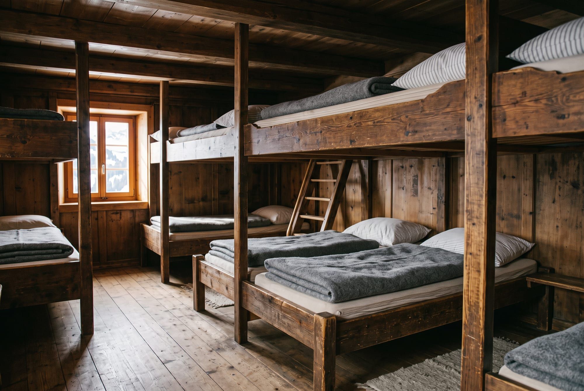 Het houten interieur van een bemande berghut met stapelbedden, opgevouwen wollen dekens en gestreepte kussens, warm licht door een raampje