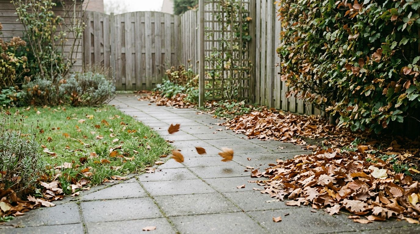 Herfstbladeren die laag over een tegelpad en gazon waaien, met bladranden langs het pad en een houten schutting op de achtergrond.