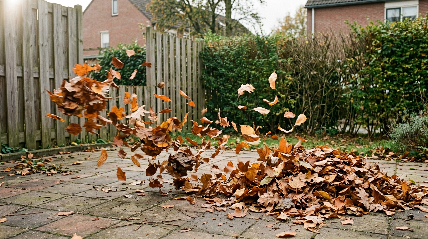 Een bladerhoop op terrastegels waarvan bladeren in één richting worden weggeblazen door een windvlaag van buiten beeld.