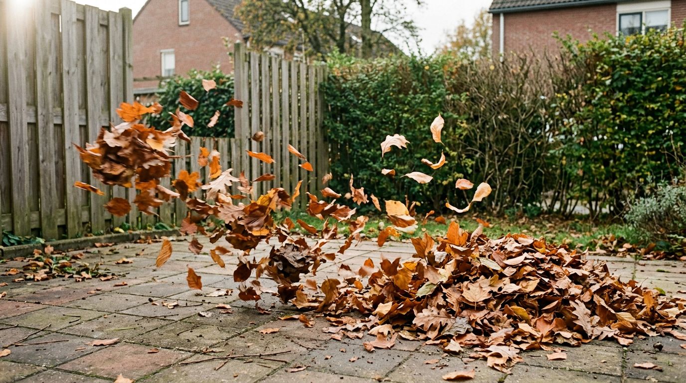 Een bladerhoop op terrastegels waarvan bladeren in één richting worden weggeblazen door een windvlaag van buiten beeld.