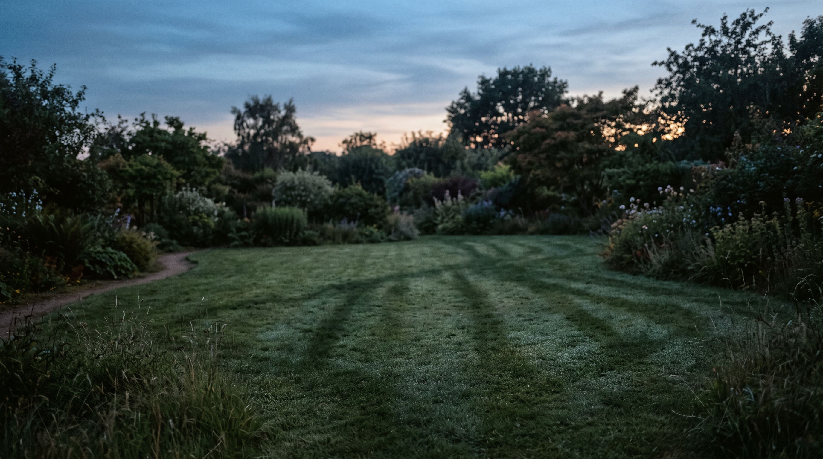Een gazon in het blauwe uur na zonsondergang, met gemaaide banen, dichte borders langs de randen en een gebogen pad links; een donkere, stille tuin met een lichte gloed aan de horizon, zonder mens of machine in beeld.