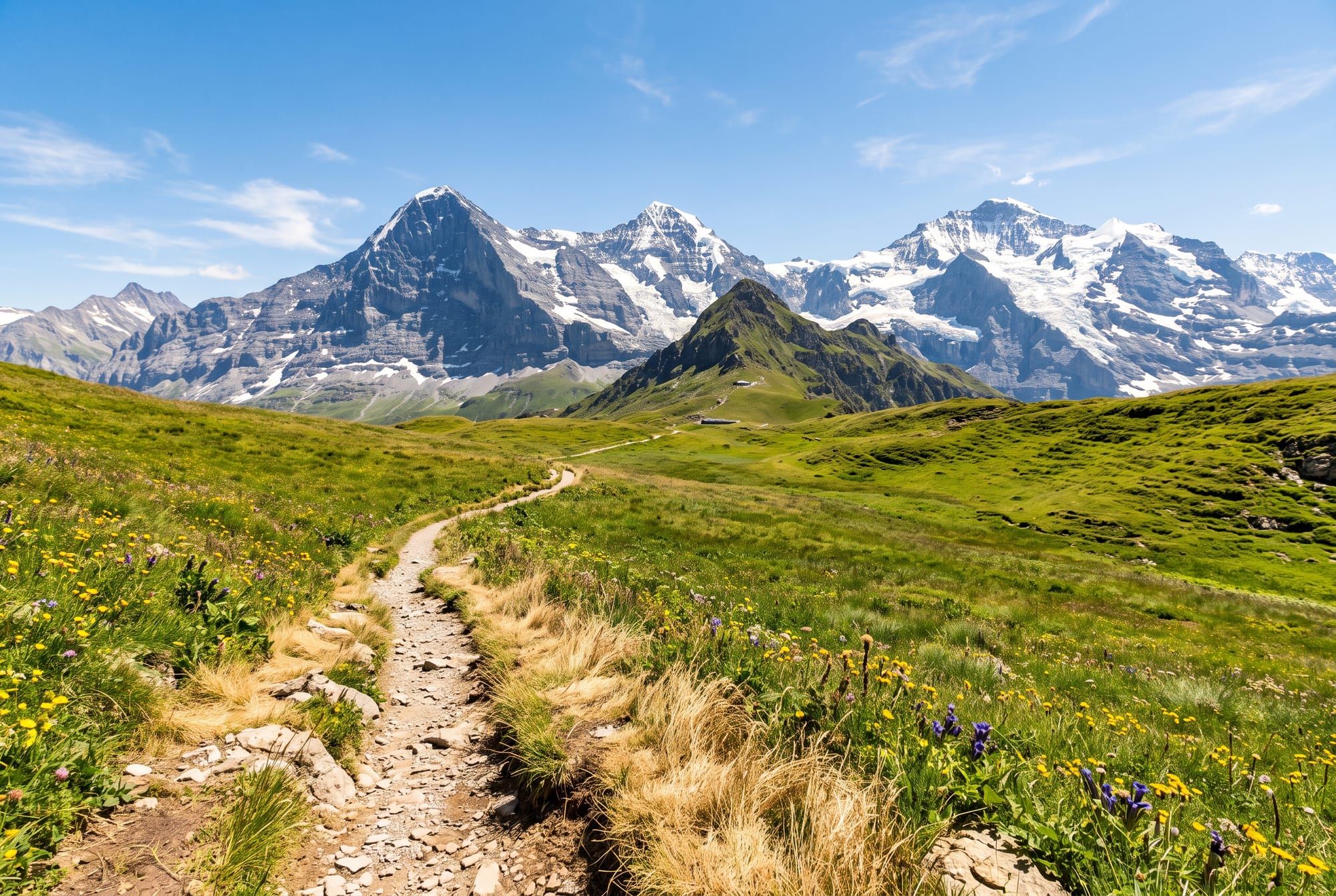 Een stenig bergpad slingert door zomerse groene weiden met droog gras en wilde bloemen, met besneeuwde toppen onder een helderblauwe hemel
