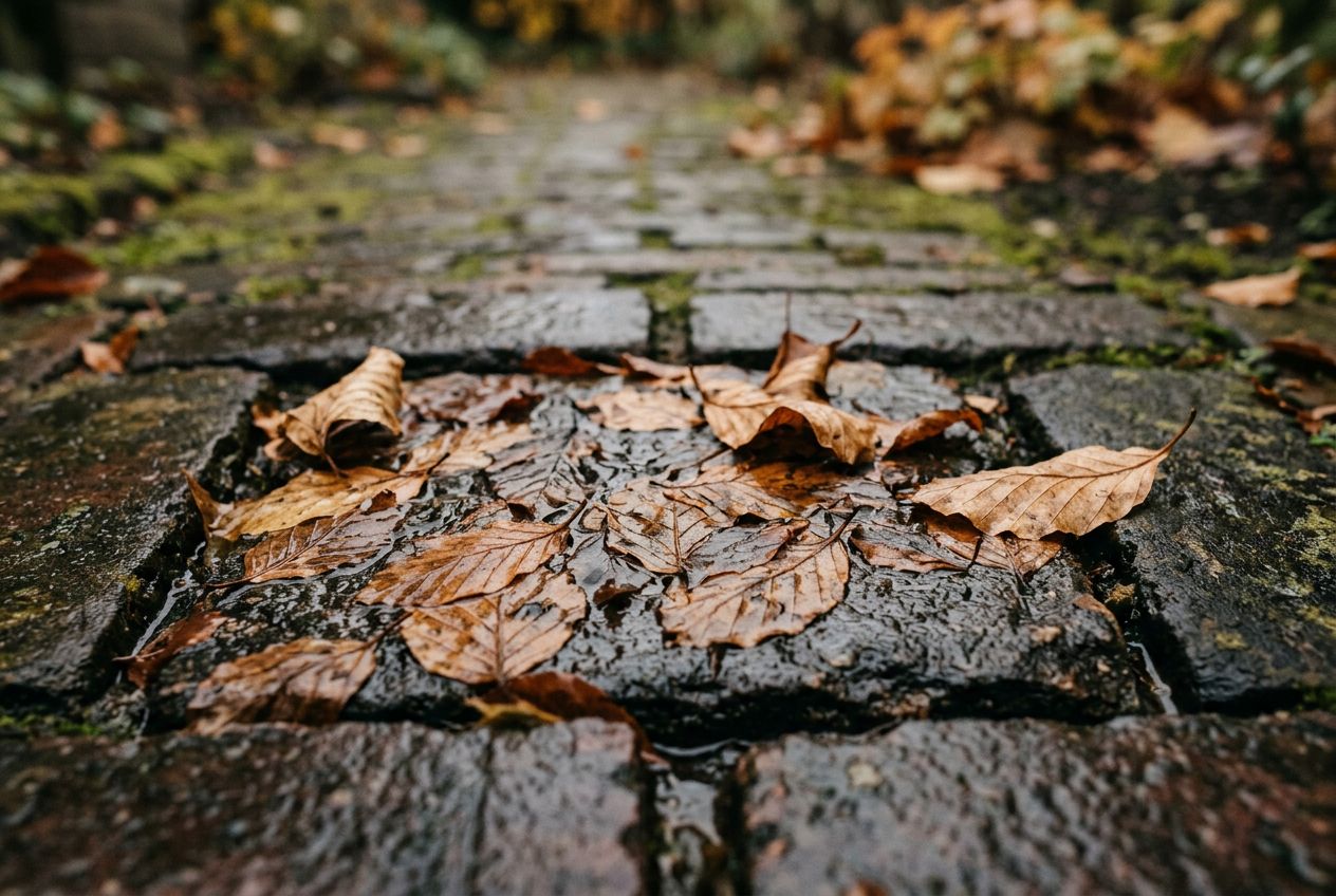 Natte bladeren die na regen plat op donkere klinkers geplakt liggen, met een paar drogere bladeren los erbovenop