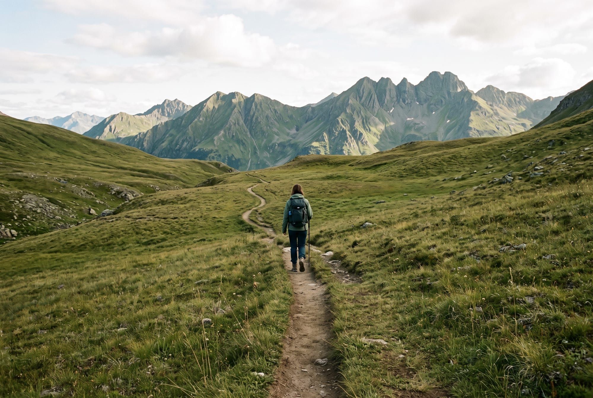 Een wandelaar met rugzak op een smal bergpad door groene zomerse bergweiden, met ruige toppen op de achtergrond in zacht daglicht